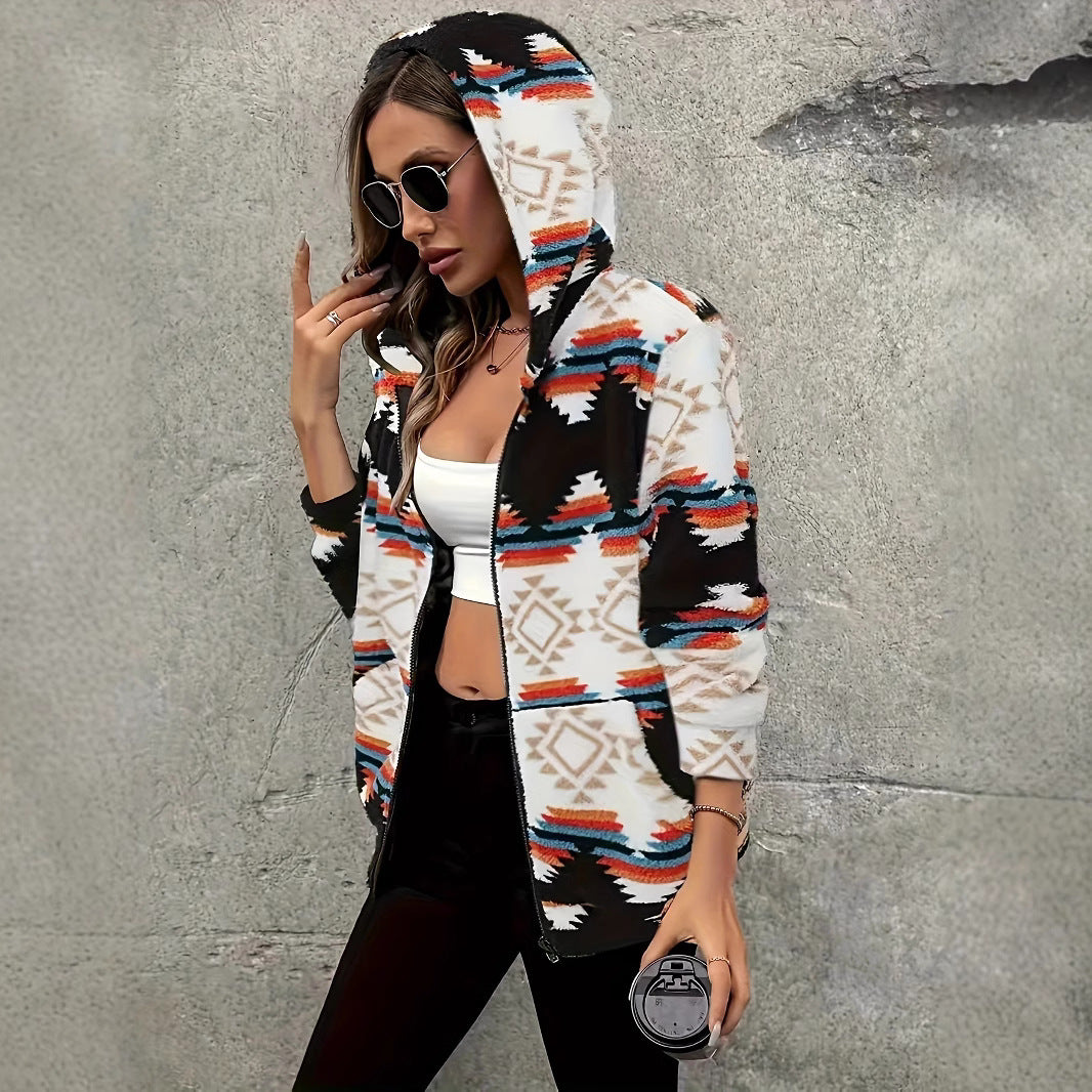 Veste courte en polaire berbère à motif losanges