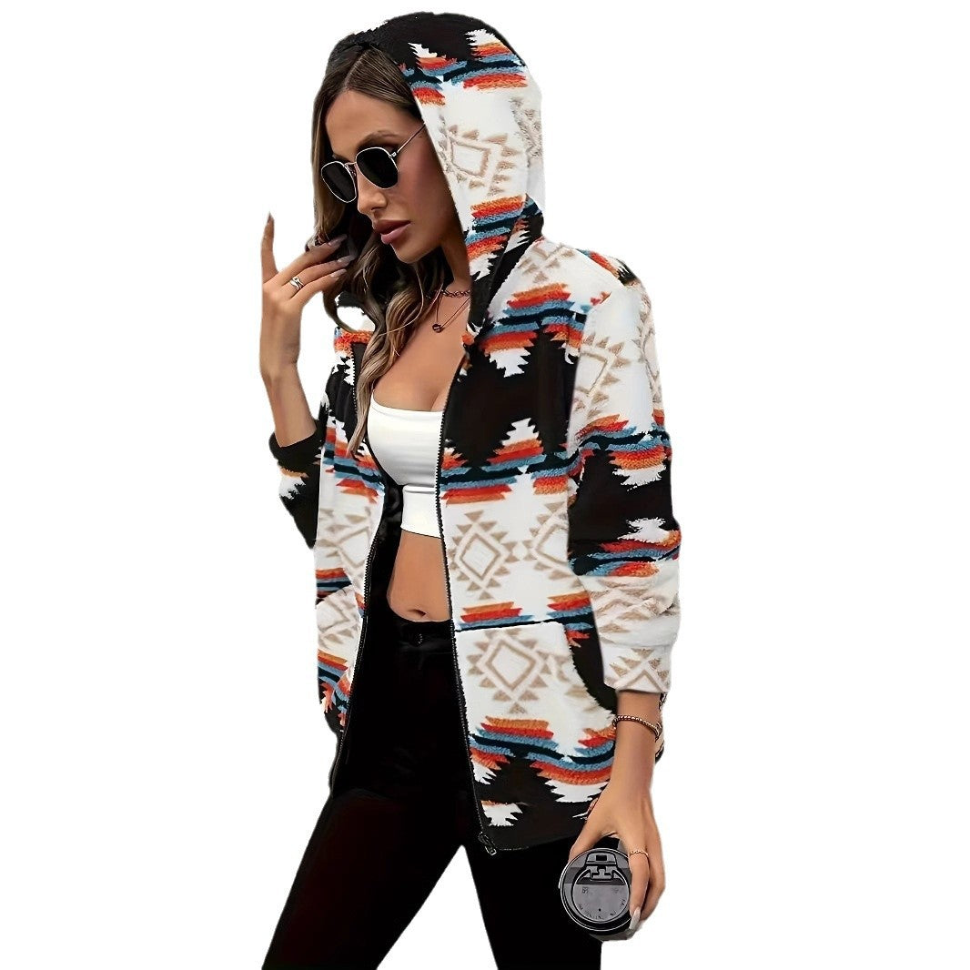 Veste courte en polaire berbère à motif losanges