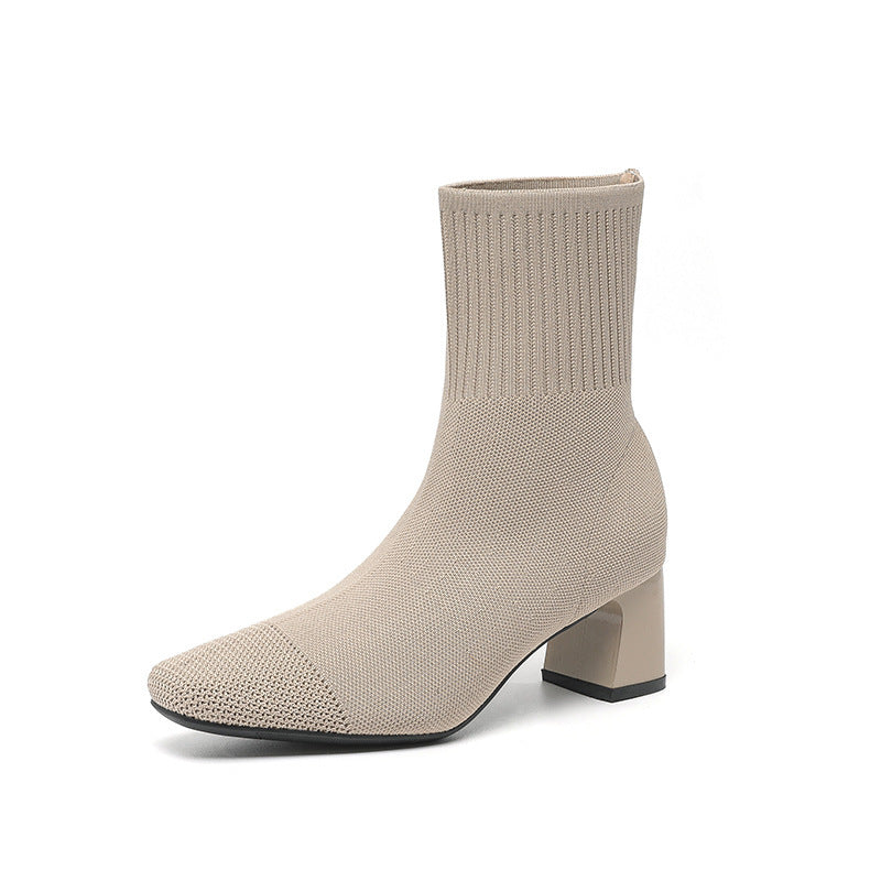 Bottes à Talon Épais Élastiques – Bottines Chaussettes Tricotées