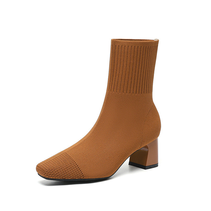 Bottes à Talon Épais Élastiques – Bottines Chaussettes Tricotées